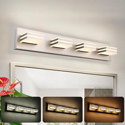 4-Light LED Brushed Nickel Vanity Lights for Bathroom Light Fixtures Adjust 3 Colors Modern Bath Lighing Over Mirror LED Vanity Light 27inch