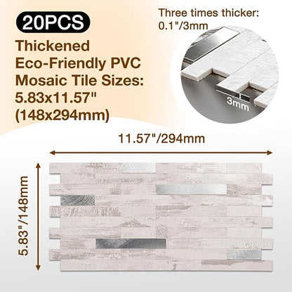 Peel and Stick Backsplash Tile Waterproof Removable PVC Wall Sticker 3D Faux Stone Marble Brick White Accent Panels (Polished Eurasia Silver - Gray, 20 Tiles - 9 sq. ft. (0.84 M²))