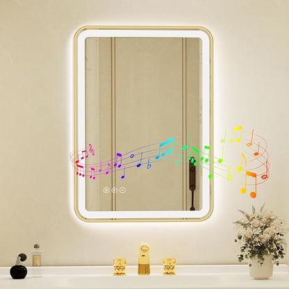 24x32 Inch Gold Framed LED Bathroom Mirror with Lights, Built-in Bluetooth Speaker, Dimmable Lighted Bathroom Vanity Mirror with 3 Colors, Backlit + Frontlit, Memory, Anti-Fog