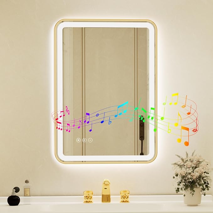 20x28 Inch Gold Framed LED Bathroom Mirror with Lights, Built-in Bluetooth Speaker, Dimmable Lighted Bathroom Vanity Mirror with 3 Colors, Backlit + Frontlit, Memory, Anti-Fog
