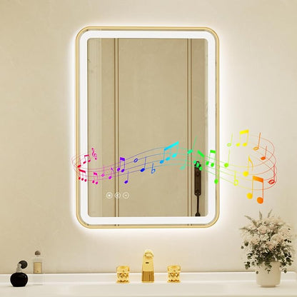 20x28 Inch Gold Framed LED Bathroom Mirror with Lights, Built-in Bluetooth Speaker, Dimmable Lighted Bathroom Vanity Mirror with 3 Colors, Backlit + Frontlit, Memory, Anti-Fog