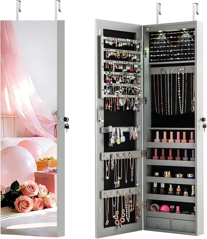 NAFORT 2 LEDs Mirror Jewelry Cabinet, 47.5-Inch Tall Wall or Door Mounted Jewelry Organizers and Storage with Frameless Full-length Mirror, Lockable Jewelry Armoire with 2 Drawers, Gray