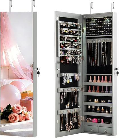 NAFORT 2 LEDs Mirror Jewelry Cabinet, 47.5-Inch Tall Wall or Door Mounted Jewelry Organizers and Storage with Frameless Full-length Mirror, Lockable Jewelry Armoire with 2 Drawers, Gray