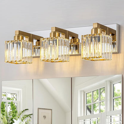 Gold Chrome Crystal Bathroom Light 3-Light Modern Bathroom Vanity Light Fixtures Over Mirror Wall Sconce