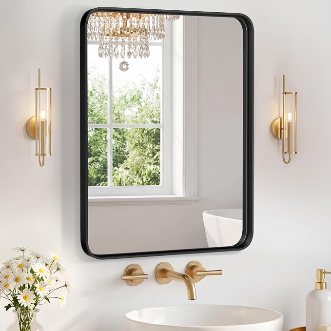 Sweetcrispy Bathroom Mirror 20x16 Inch, Vanity Mirror for Wall | Metal Framed Rounded Rectangle, Over Sink, Farmhouse, Restroom, Anti-Rust, Horizontal or Vertical Hanging, Black