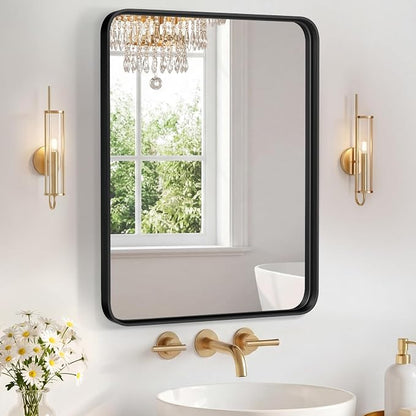 Sweetcrispy Bathroom Mirror 20x16 Inch, Vanity Mirror for Wall | Metal Framed Rounded Rectangle, Over Sink, Farmhouse, Restroom, Anti-Rust, Horizontal or Vertical Hanging, Black