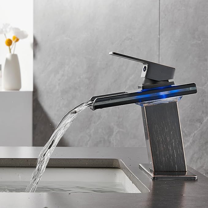LED Bathroom Sink Faucet, Oil Rubbed Bronze Waterfall Single Hole Handle Vanity Faucets for Sinks 1 Hole with Metal Pop Up Drain and 2 Water Supply Lines, Open Glass Spout