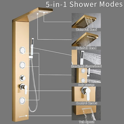 5-In-1Shower Panel Tower System-Brushed Gold | 304 stainless steel Shower Panel Column Tower With Powerful Body Jets,Body Spray,Rainfall,Waterfall,Handheld And Tub Spout
