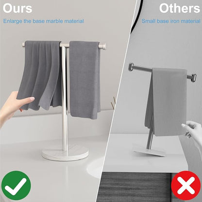 Hand Towel Holder for Bathroom, Freestanding Towel Stand, Brushed Nickel | T-shape Stainless Steel Towel Rack with Heavy Marble Base for Hand Towels on Bathroom Vanities, Guest Baths or Counters