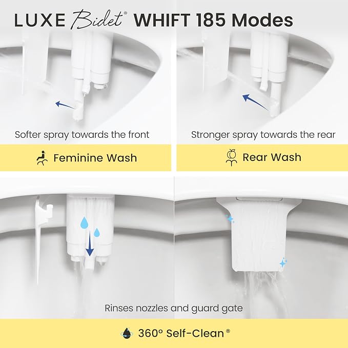 LUXE Bidet WHIFT 185 Bidet - Deodorizing EZ-Lift Bidet Attachment, White | Non-Electric, Built-In Deodorizing Spray, Cold Water, Lemon Refill Included, Easy Slide-In Install, Rear & Feminine Wash