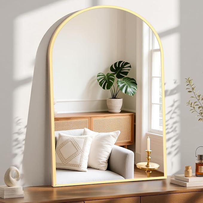 Sweetcrispy 30x40 Bathroom Mirrors for Wall, Arched Mirror for Over Sink | Metal Framed HD Shatter-Proof Glass, Decor Wall Mirror for Entryway, Living Room, Bedroom, Gold