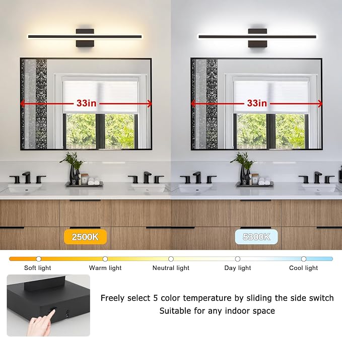 JUSHENG Black Vanity Lights for Bathroom, 5CCT Dimmable Bathroom Lights Over Mirror, Modern LED Vanity Light Fixtures Over Mirror 32'' Inch 24W