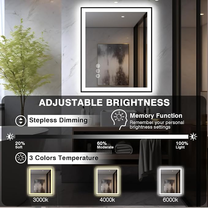 EchosLife 32x36 LED Bathroom Mirror - Black Border | Black Frame, Front and Backlit, Anti-Fog, Stepless Dimmable, 3 Colors, Memory, Tempered Glass, UL Listed, Horizontal/Vertical