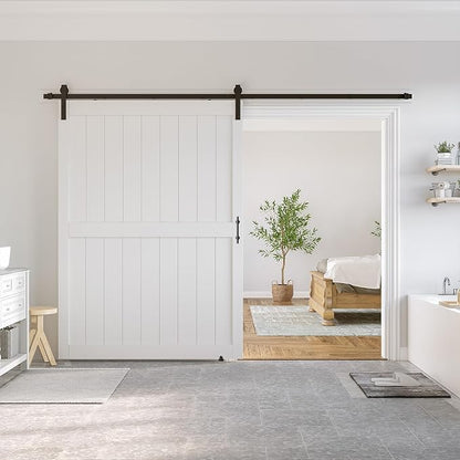 SmartStandard 60 x 84 inch White Sliding Barn Door with 10FT Black Hardware | Pre-Drilled Ready to Assemble, Waterproof PVC Coating, H-Frame
