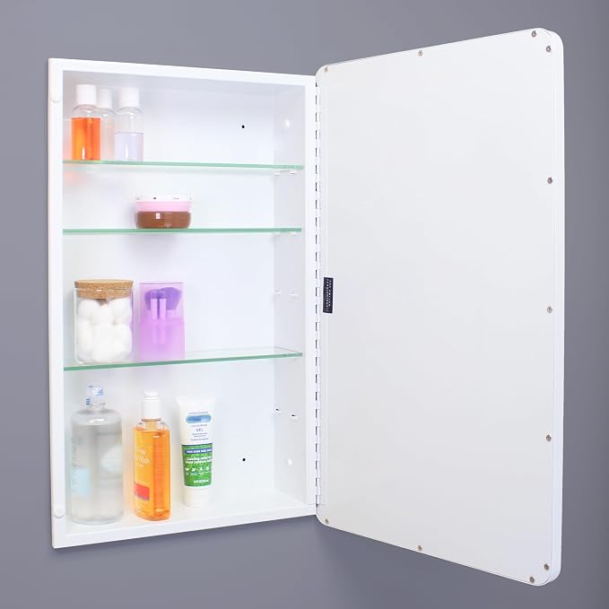 16x26 Austin Farmhouse Metal Framed Rounded Rectangle Recessed Bathroom Medicine Cabinet, Beveled Mirror, 14x24 in-Wall Opening, powder-coated Steel, Adjustable Glass Shelves, Magnet Close, White