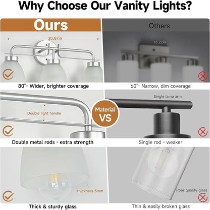 21 Inch Mid-Century Modern Vanity Lights, 3-Light Silver Bathroom Light Fixture with Frosted White Bell Shades, Industrial Wall Sconce for Mirror Over Vanity, Bedroom, Hallway