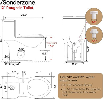 Sonderzone Elongated One Piece Toilet for Bathroom, Modern 17.3" ADA Comfort Height Design, Soft Closing Seat, High Efficiency Dual Flush (1.1/1.6 GPF), 12" Rough-In, MAP 1000g, White Toilet Bowl