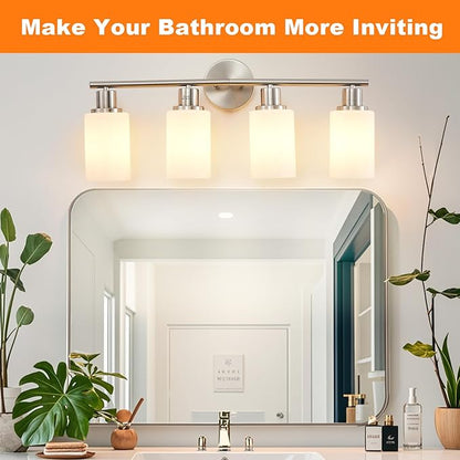 DLLT 4-Light Bathroom Light Fixtures: Nickel Modern Vanity Lights with E26 Bulbs - Milky White Glass Shade Bathroom Wall Lamp for Mirror Kitchen Living Room Hallway Cabinet Porch