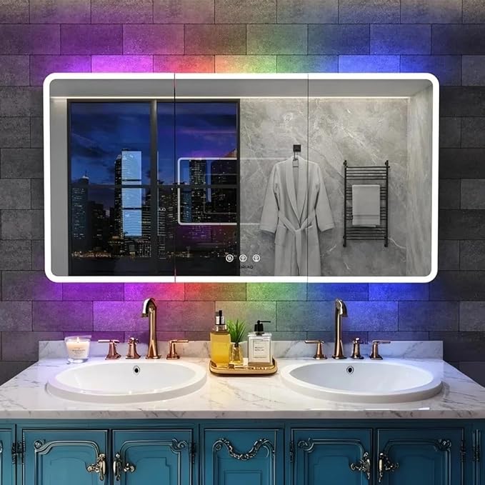 60×32 Inch Lighted Medicine Cabinet with Mirror, RGB Backlit LED Medicine Cabinet with 3-Color Front Lights, Bathroom Mirrored Cabinet with Electrical Outlet, Defogger, Three Door