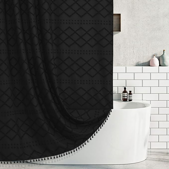 Extra Long Boho Black Woven Fabric Shower Curtain with Tassels 54 x 78 Modern Farmhouse Minimalist, Tufted Chevron Striped Shabby Chic Textured, Water Resistant Cloth Curtain for Bathroom, Hotel Decor