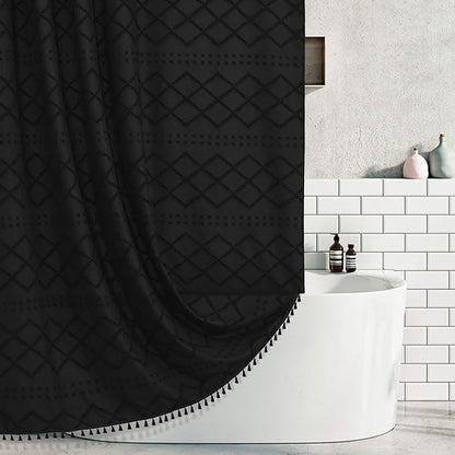 Extra Long Boho Black Woven Fabric Shower Curtain with Tassels 54 x 78 Modern Farmhouse Minimalist, Tufted Chevron Striped Shabby Chic Textured, Water Resistant Cloth Curtain for Bathroom, Hotel Decor