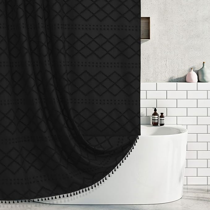 Extra Long Black Woven Fabric Boho Shower Curtain with Tassels 72 x 90 Modern Farmhouse Minimalist, Tufted Chevron Textured Striped Shabby Chic, Water Resistant Cloth Curtain for Bathroom, Hotel Decor