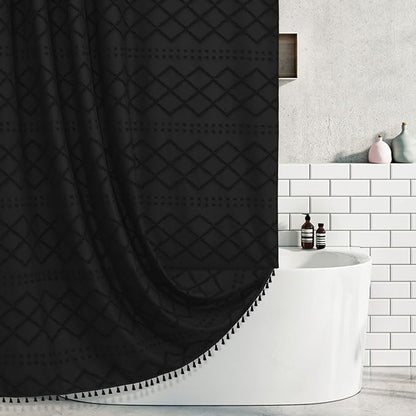 Extra Long Black Woven Fabric Boho Shower Curtain with Tassels 72 x 90 Modern Farmhouse Minimalist, Tufted Chevron Textured Striped Shabby Chic, Water Resistant Cloth Curtain for Bathroom, Hotel Decor