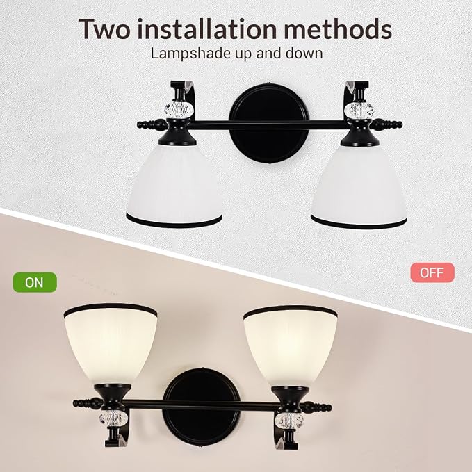 Bathroom Lighting Fixtures Over Mirror, 2-Light Matte Black Vanity Light with Frosted Glass, Anti-Rust Metal Framed Bathroom Wall Lamp Sconces for Mirror Bedroom, Living Room Hallway