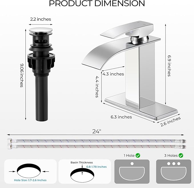 Chrome Bathroom Faucets, Waterfall Bathroom Sink Faucet Single Handle Bathroom Faucet for 1 or 3 Hole, Mixer Tap Vanity Faucet with Deck Plate, Pop-up Drain and Supply Hoses