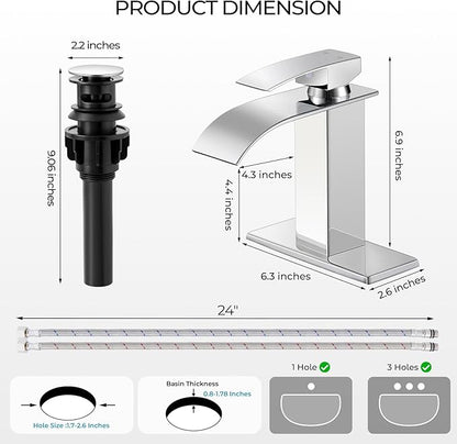 Chrome Bathroom Faucets, Waterfall Bathroom Sink Faucet Single Handle Bathroom Faucet for 1 or 3 Hole, Mixer Tap Vanity Faucet with Deck Plate, Pop-up Drain and Supply Hoses