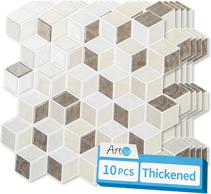 Art3d Peel and Stick Backsplash, 3D Hexagon Wall Tile, 10-Pack, Light Brown | 12 x 12 Inch, Enhanced Thickness, Water Resistant, Easy to Clean, Modern Cube Pattern, for Accent Walls, Furniture Revamps