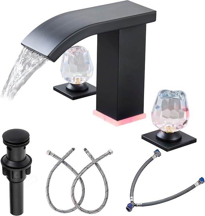 Bathroom Faucet 3 Hole, Matte Black Waterfall Bathroom Faucets, 8 Inch Widespread Modern Bathroom Sink Faucet & Parts, Wide Spread Touch On Three Hole 2 Handle Bathroom Vanity Faucet
