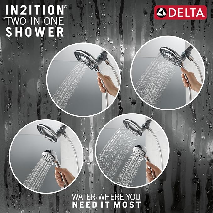 Delta 4-Setting In2ition 2-in-1 Dual Shower Head with HandHeld Spray, Chrome Detachable Shower Head with Hose, Showerhead, 1.75 GPM Flow Rate, Chrome 75486C