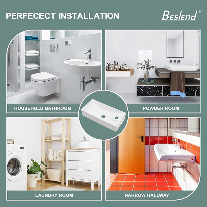 Wall Mount Bathroom Vessel Sink Space Saving | Beslend 17"x8" Inch White Ceramic Vessel Sink, Rectangular White Art Hand Wash Basin with Single Hole