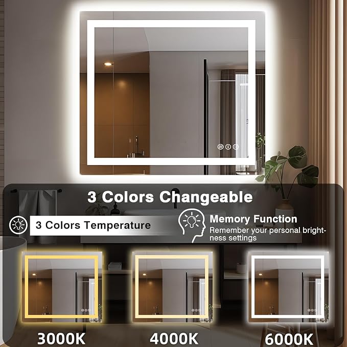 EchosLife 40"x38" Lighted Mirrors for Bathroom Wall | Backlit + Front Lit, Anti-Fog, Stepless Dimmable, 3 Colors, Memory, Tempered Glass, UL Listed, Horizontal/Vertical