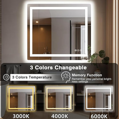 EchosLife 40"x38" Lighted Mirrors for Bathroom Wall | Backlit + Front Lit, Anti-Fog, Stepless Dimmable, 3 Colors, Memory, Tempered Glass, UL Listed, Horizontal/Vertical