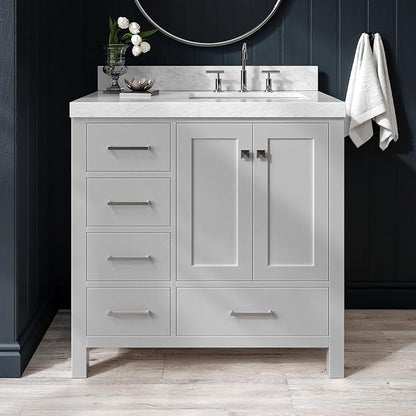 ARIEL Cambridge 36-inch Bathroom Vanity with Sink,Solid Wood, 2-inch Italian Carrara Marble Countertop, Single Rectangular Porcelain Sink, 2 Soft Closing Doors, 5 Dovetail Drawers, Grey