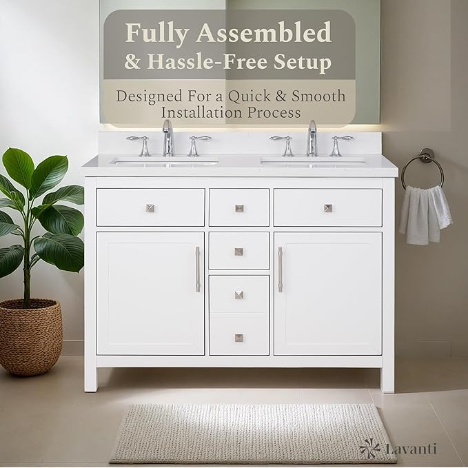 Lavanti Oakford 48 Inch Bathroom Vanity with Sink – Stylish White Vanity Bathroom with Storage Cabinet – Modern Bathroom Vanities with Double Vanity Sink & Quartz Countertop