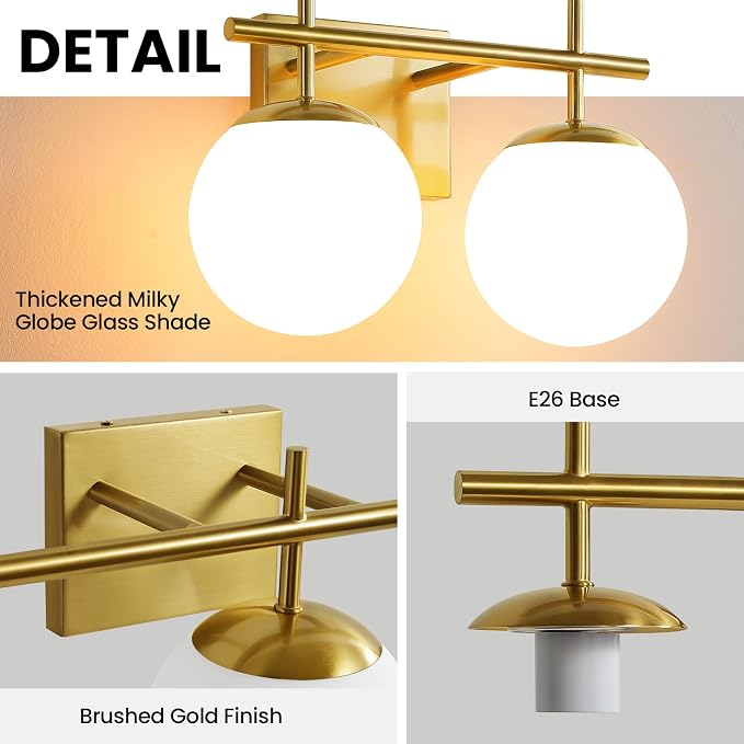 AIJIASI Gold Vanity Light, 2-Light Bathroom Lighting Fixtures Over Mirror Milky White Glass Globe Shades, Modern Vanity Lighting Fixtures Wall Sconce 14 Inch (Exclude E26 Bulb)