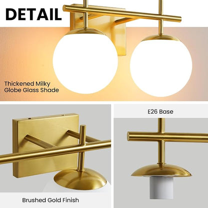 AIJIASI Gold Vanity Light, 2-Light Bathroom Lighting Fixtures Over Mirror Milky White Glass Globe Shades, Modern Vanity Lighting Fixtures Wall Sconce 14 Inch (Exclude E26 Bulb)