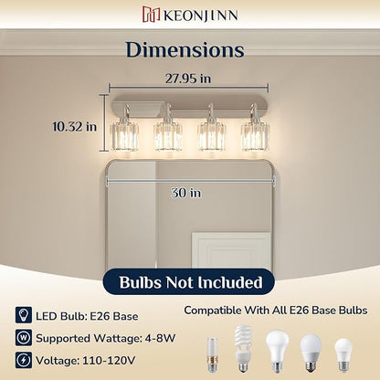 Keonjinn 4-Light Chrome Bathroom Light Fixtures Over Mirror, Crystal | Vanity Lighting Fixture with Crystal Square Shades, Dimmable, Modern Style, Compatible with E26 Base LED Bulbs (Exclude Bulb)