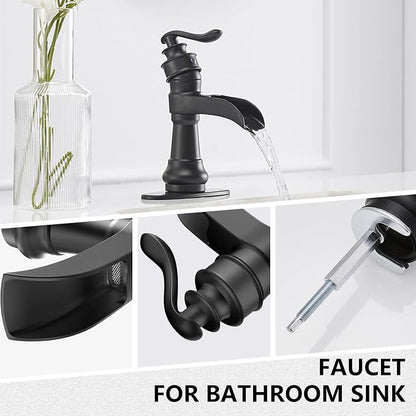 Matte Black Bathroom Faucet Waterfall Single Hole Bathroom Sink Faucet | Brass Single Handle Farmhouse RV Lavatory Vanity Faucet with Overflow Pop Up Drain by BATHLAVISH