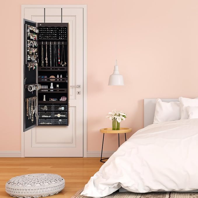 LOKO Lockable Wall-Mounted Mirror Jewelry Cabinet, Tall Jewelry Organizer with 5 LEDs, Large Capacity Jewelry Armoire with Full Length Mirror and 6 Drawers for Women Girls (Brown)