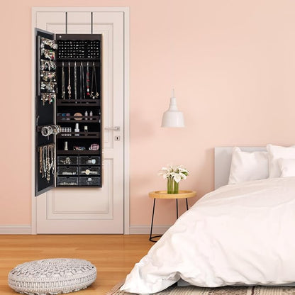 LOKO Lockable Wall-Mounted Mirror Jewelry Cabinet, Tall Jewelry Organizer with 5 LEDs, Large Capacity Jewelry Armoire with Full Length Mirror and 6 Drawers for Women Girls (Brown)