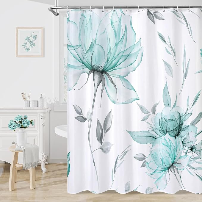 Litabel Long Boho Watercolor Floral Shower Curtain 72 x 78, Teal Blue and Grey Ink Painting Style Flower Shower Curtains for Chic Elegant Bathroom, Artistic 78 Inch Long Fabric Shower Curtain