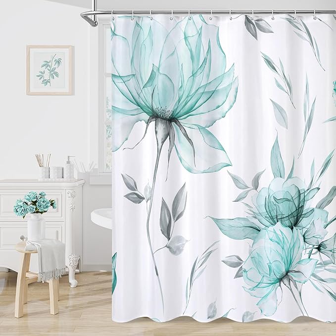 Litabel Teal Blue and Grey Boho Watercolor Floral Shower Curtain, Ink Painting Style Blossom & Leaf Shower Curtains for Chic Elegant Bathroom, Artistic Fabric Cloth Flower Shower Curtain, 72x72