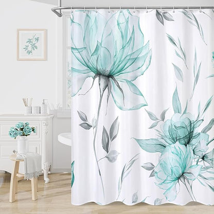 Litabel Teal Blue and Grey Boho Watercolor Floral Shower Curtain, Ink Painting Style Blossom & Leaf Shower Curtains for Chic Elegant Bathroom, Artistic Fabric Cloth Flower Shower Curtain, 72x72