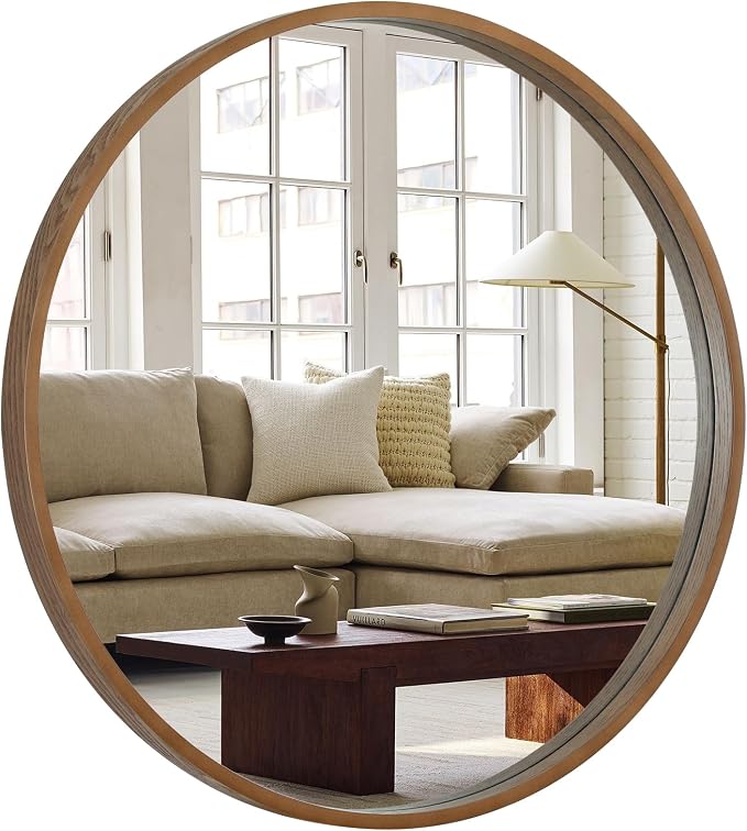 Round Wood Mirror, 32" Round Modern Decoration Large Circle Wall Mirror for Bathroom Living Room Bedroom Entryway, Walnut
