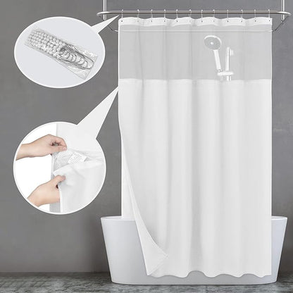 N&Y HOME Waffle Weave Shower Curtain with Snap-in Fabric Liner Set, 12 White Hooks Included - Hotel Style, Waterproof & Washable, Heavyweight Fabric & Mesh Top Window - 71x72, White
