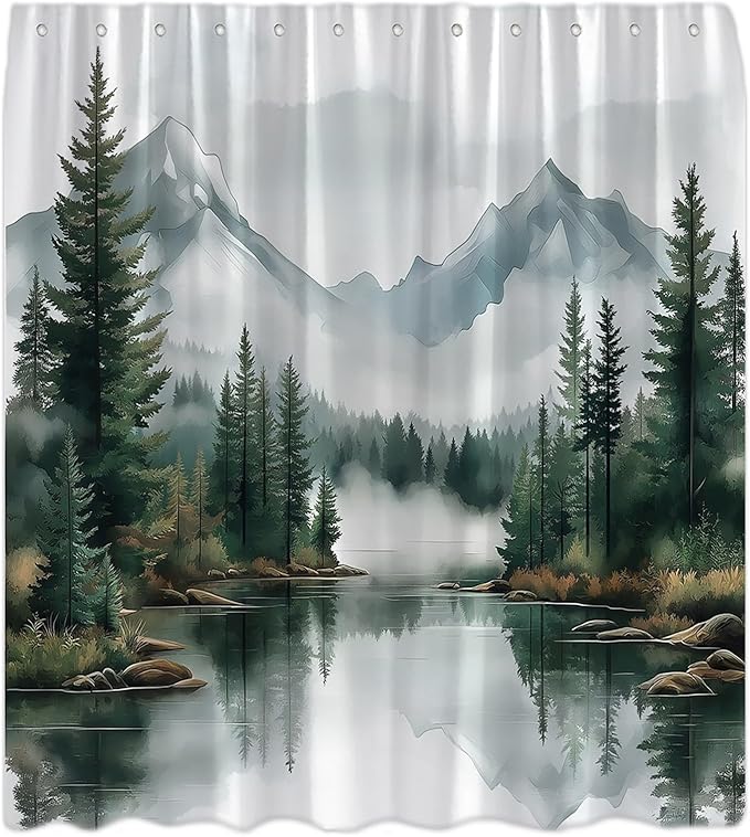 Green Misty Forest Shower Curtain Mountain Foggy Pine Trees Landscape Watercolor Jungle Plant Rustic Nature Scenery Lake Fabric Bathroom Curtain Set with Hook
